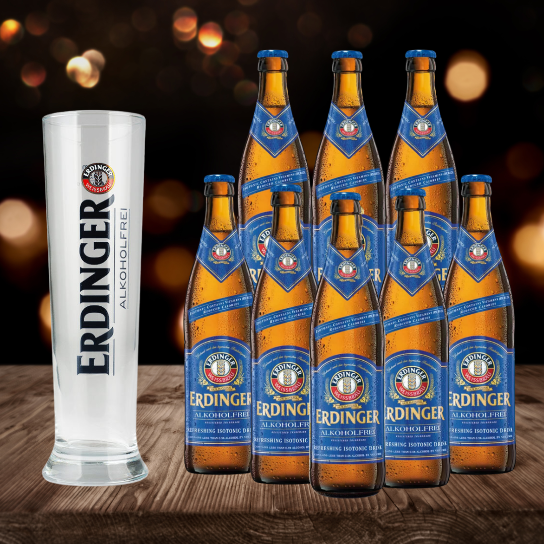 Erdinger Alkoholfrei German Alcohol Free Wheat Beer 500ml Bottles with Free ERDINGER Glass - 0.5% ABV (8 Pack)