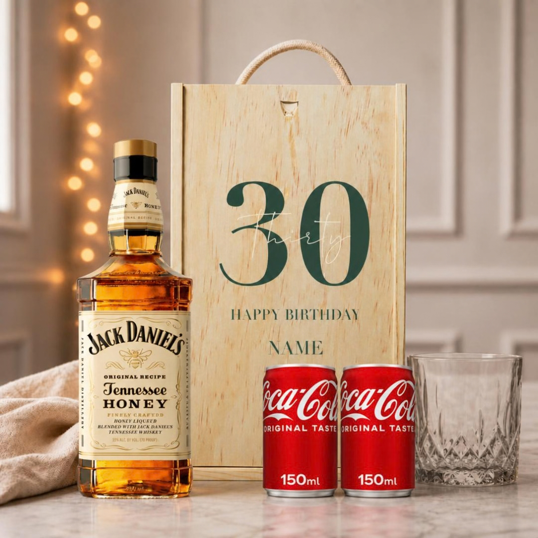 Personalised Jack Daniels Honey Whiskey Happy Birthday Gift Set with JD Glass and Cola 70cl - 40% ABV