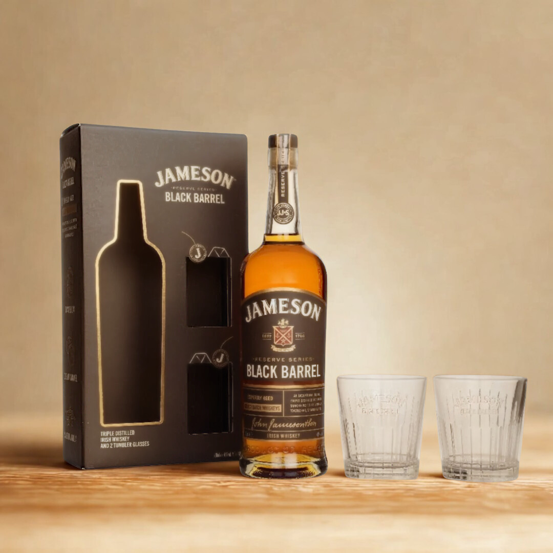 Jameson Black Barrel Irish Whiskey Gift Set with 2 Tumbler Glasses – 40% ABV (75cl)