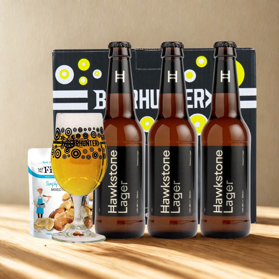 Hawkstone Lager Gift Set with Beerhunter Glass & Mr Filbert’s Snacks (3 Pack)