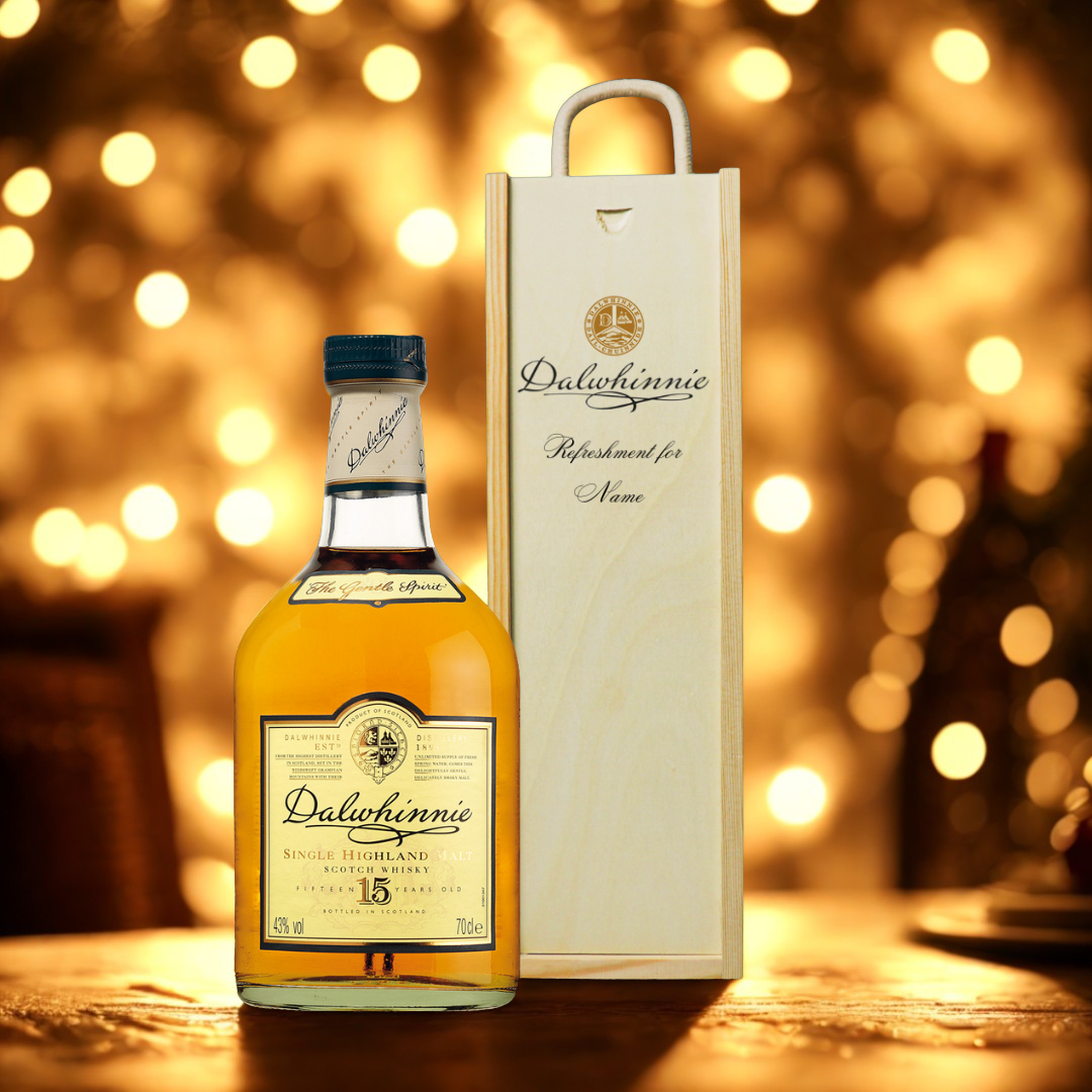 Personalised Dalwhinnie Whisky 15 Year Old Gift Set in Wooden Box - 43% ABV (70cl)