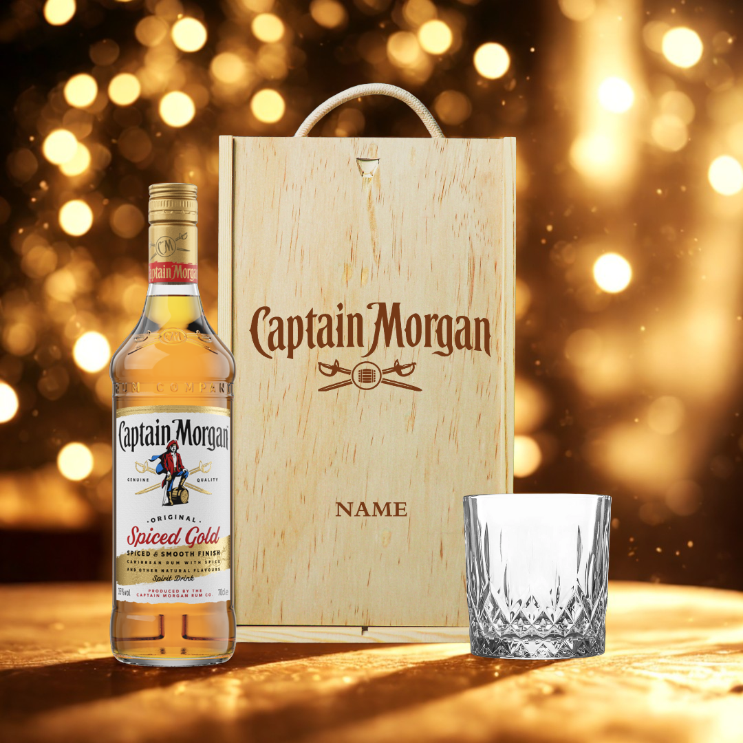 Personalised Captain Morgan Spiced Rum Gift Set in a Wooden Box (70cl)