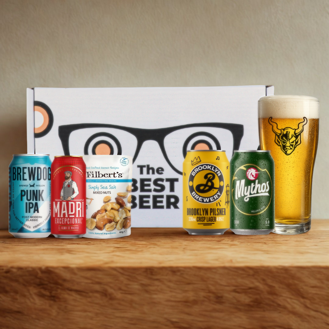 World Beer Gift Set with Glass & Snacks (4 x 330ml Cans)