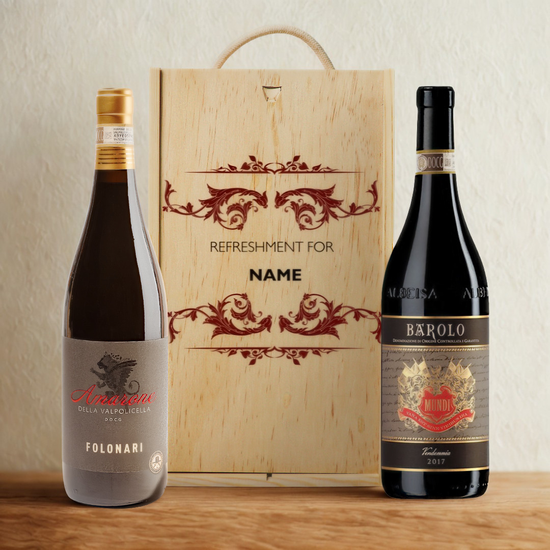 Personalised Luxury Amarone della Valpolicella Folonari And Barolo Mundi Red Wine Gift Set – 75cl (14.5% ABV)