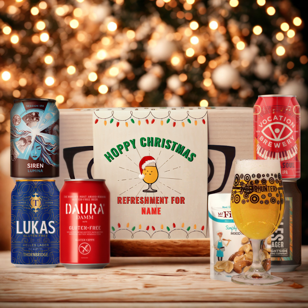 Personalised 'Hoppy Christmas' Gluten Free Beer 5 Can Gift Pack with Glass &amp; Snack