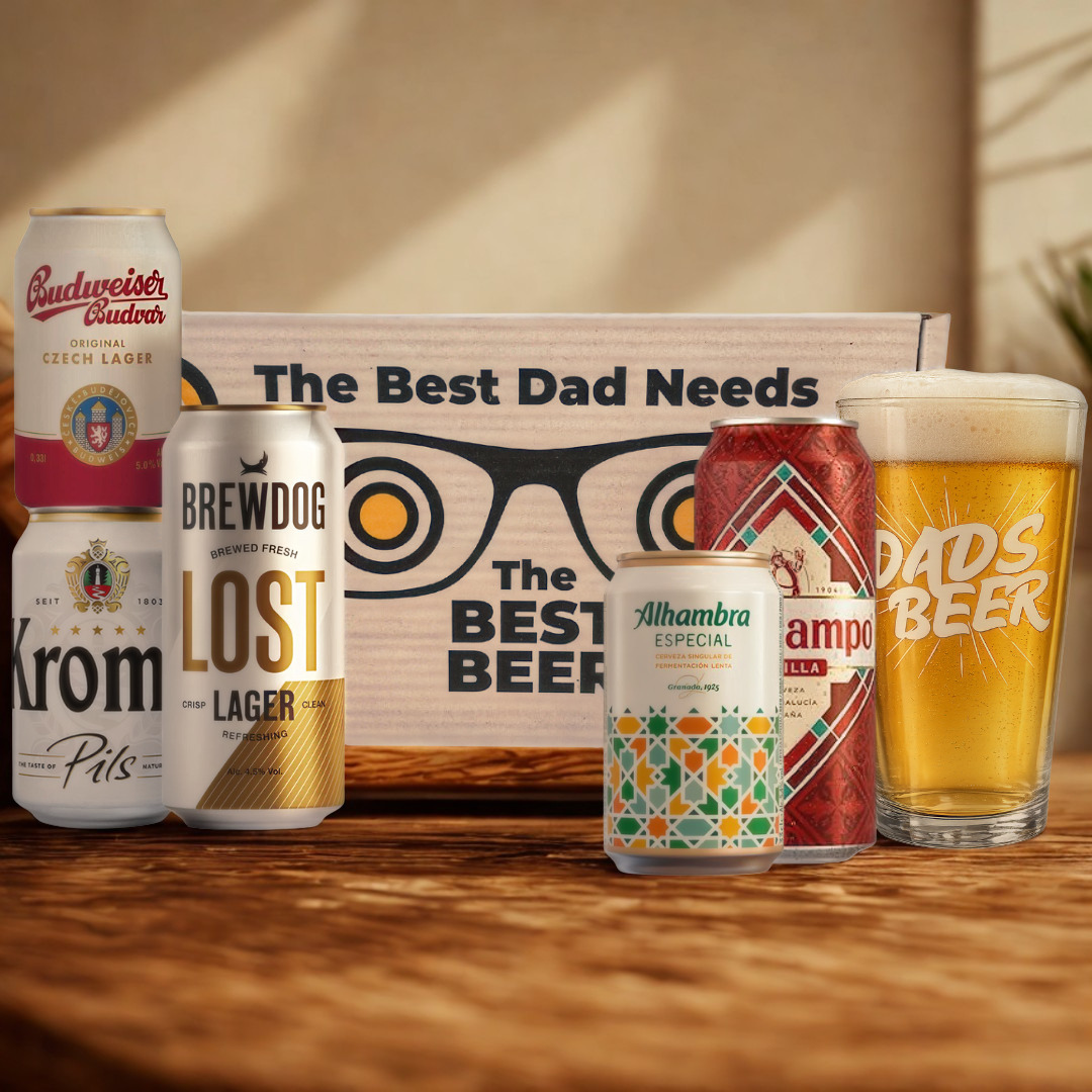 Premium Lager Beer “Best Dad” Gift Set (5 Cans) with Dad’s Beer Glass
