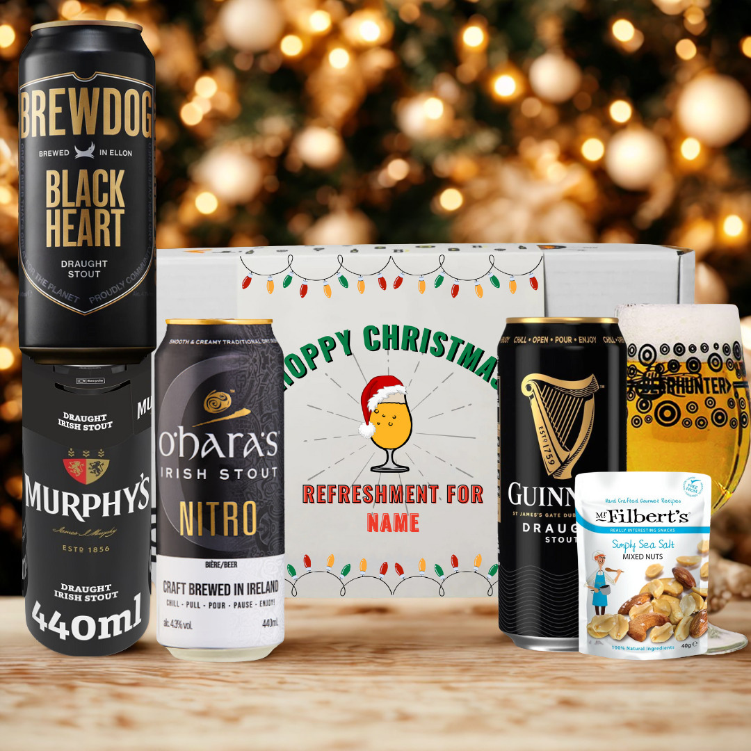 Personalised 'Hoppy Christmas' Stout Beer 4 Can Gift Pack with Glass &amp; Snack
