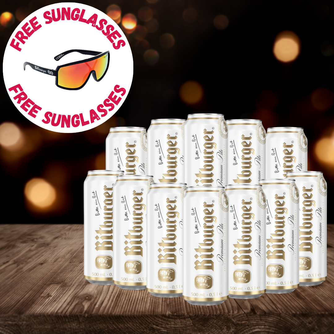 Bitburger Pilsner Premium German Lager 500ml Cans WITH FREE SUNGLASSES - 4.8% ABV (12 Pack)