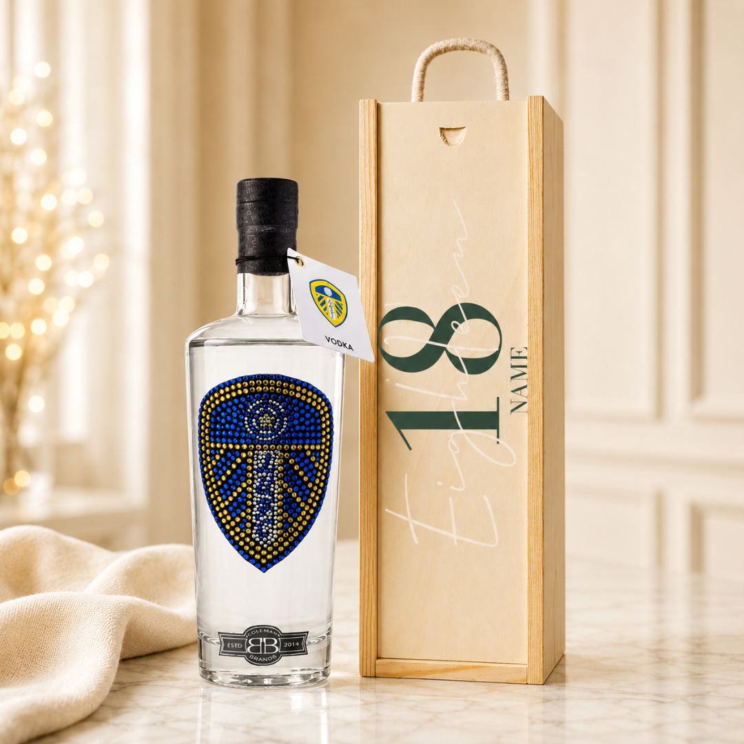 Personalised Birthday Leeds Football Vodka in Wooden Presentation Box (70cl) – 37.5% ABV