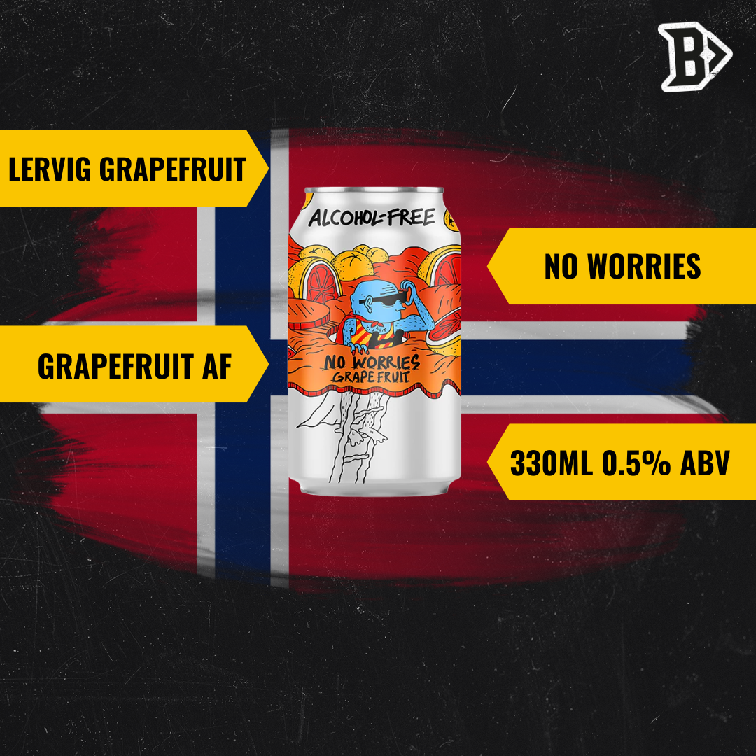 Lervig No Worries Grapefruit Norwegian Alcohol-Free Beer 330ml Cans - 0.5% ABV (12 Pack) - BEERHUNTER