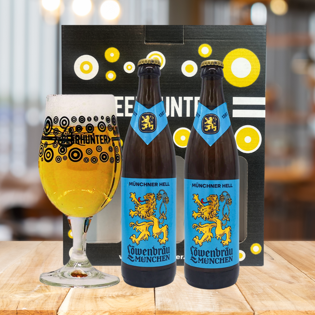 Lowenbrau Helles German Lager Gift Set with Official Beerhunter Glass (2 Pack)