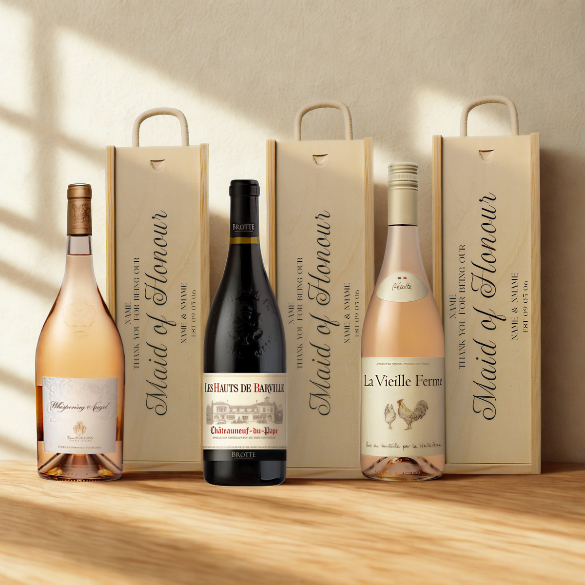 Personalised Maid of Honour Wine Gift Set with Wooden Presentation Box