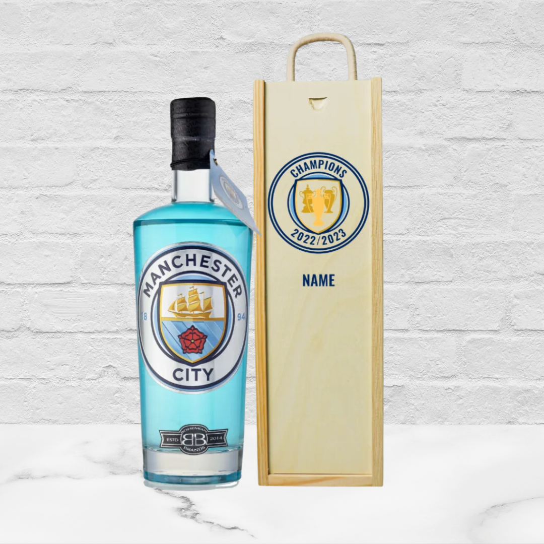 Manchester City Blue Raspberry Vodka in Personalised 'Champions' Presentation Box (70cl) - BEERHUNTER