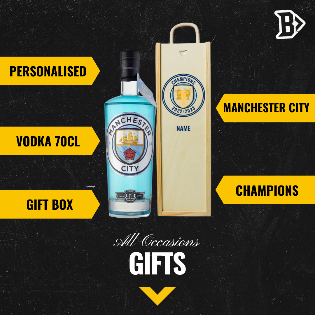 Manchester City Blue Raspberry Vodka in Personalised 'Champions' Presentation Box (70cl) - BEERHUNTER