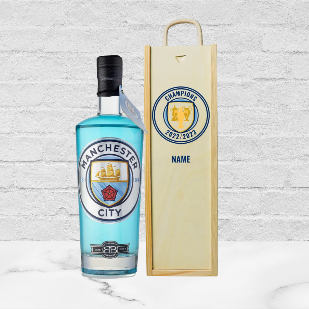 Manchester City Blue Raspberry Vodka in Personalised &#39;Champions&#39; Presentation Box (70cl)