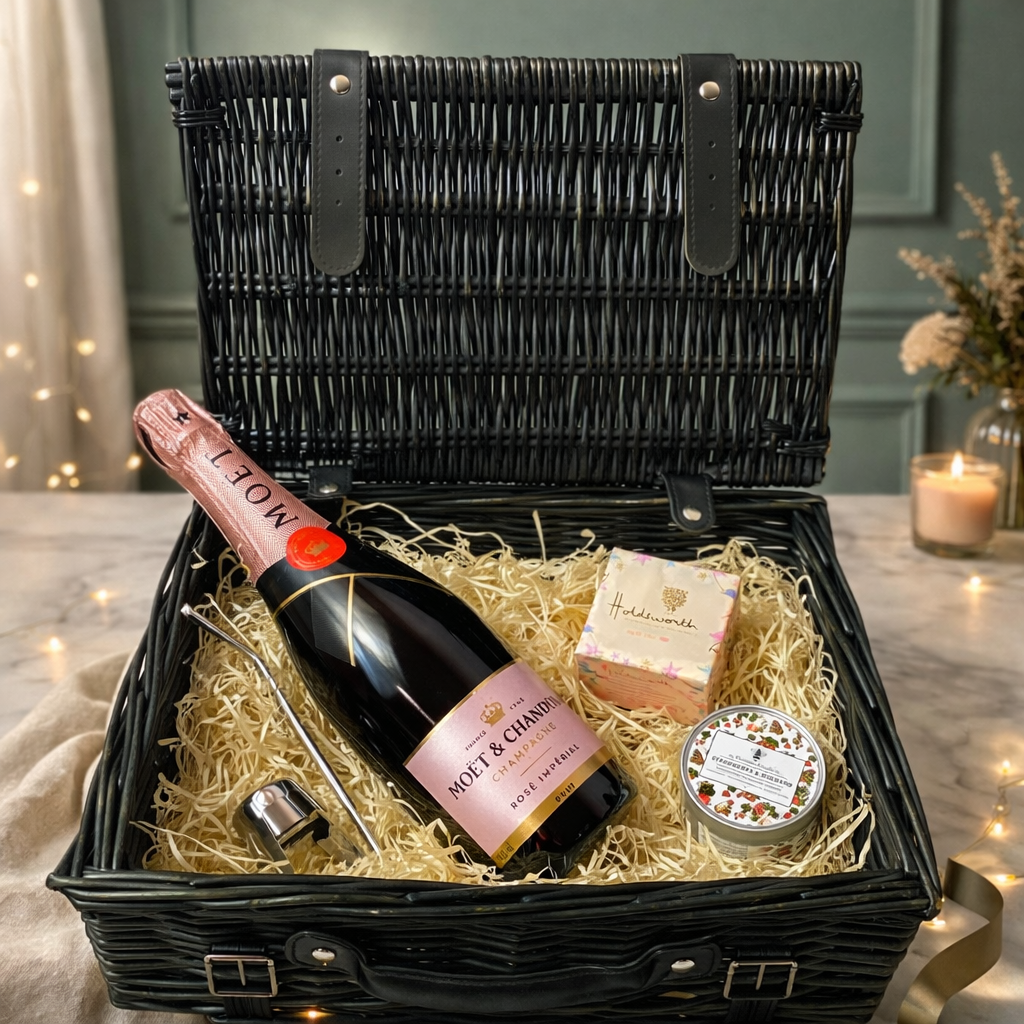 Moet & Chandon Brut Rose Champagne 14" Gift Gift Hamper with Chocolates and Accessories - 75cl (12.5% ABV)
