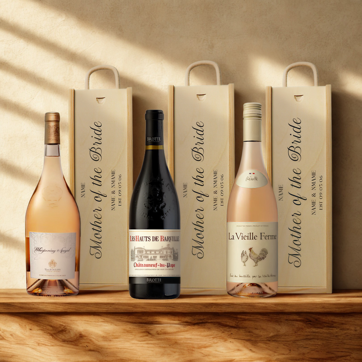 Personalised Mother of the Bride Wine Gift Set with Wooden Presentation Box