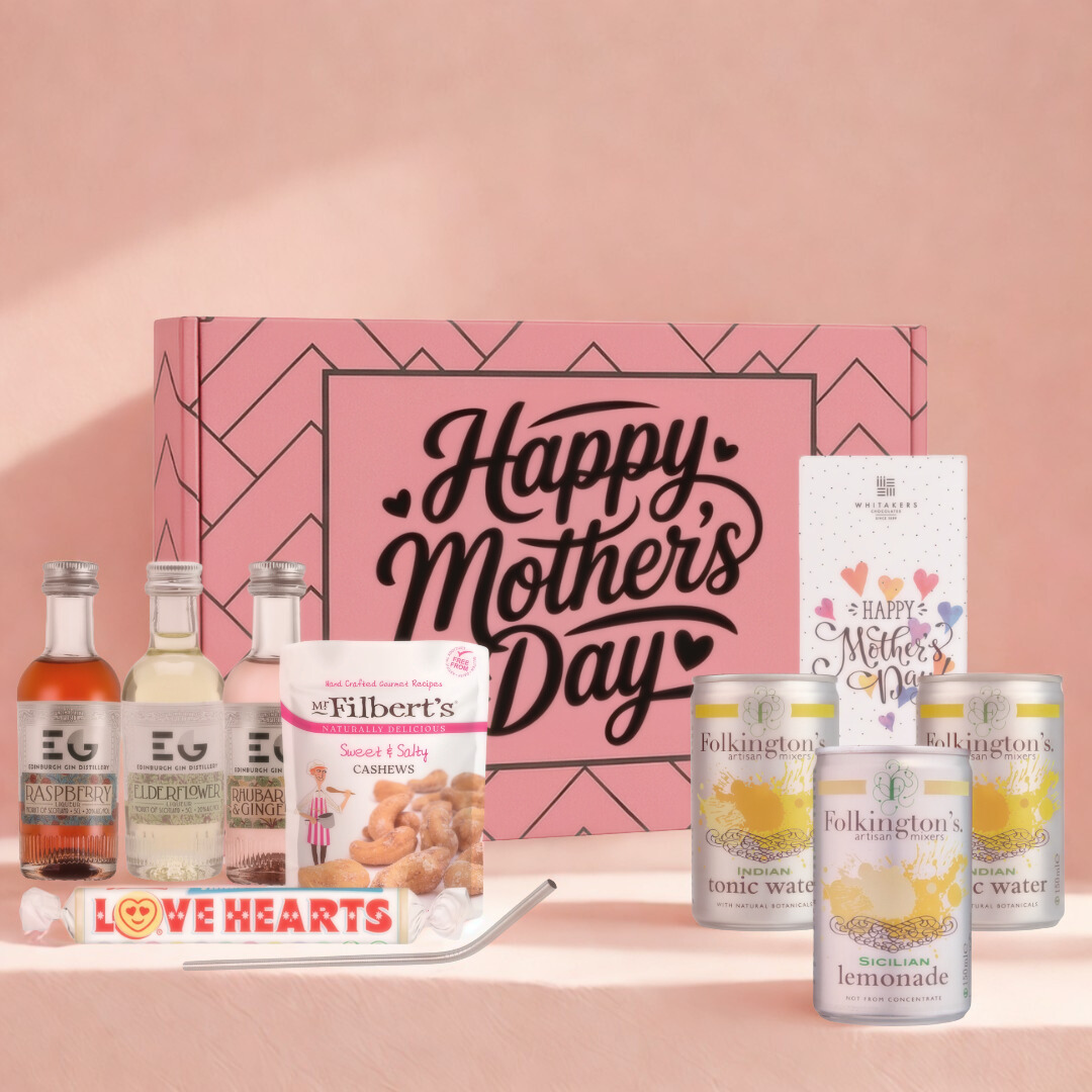 Mother’s Day Edinburgh Flavoured Gin Miniature Gift Set with Mixers, Snacks, Love Hearts & Chocolate