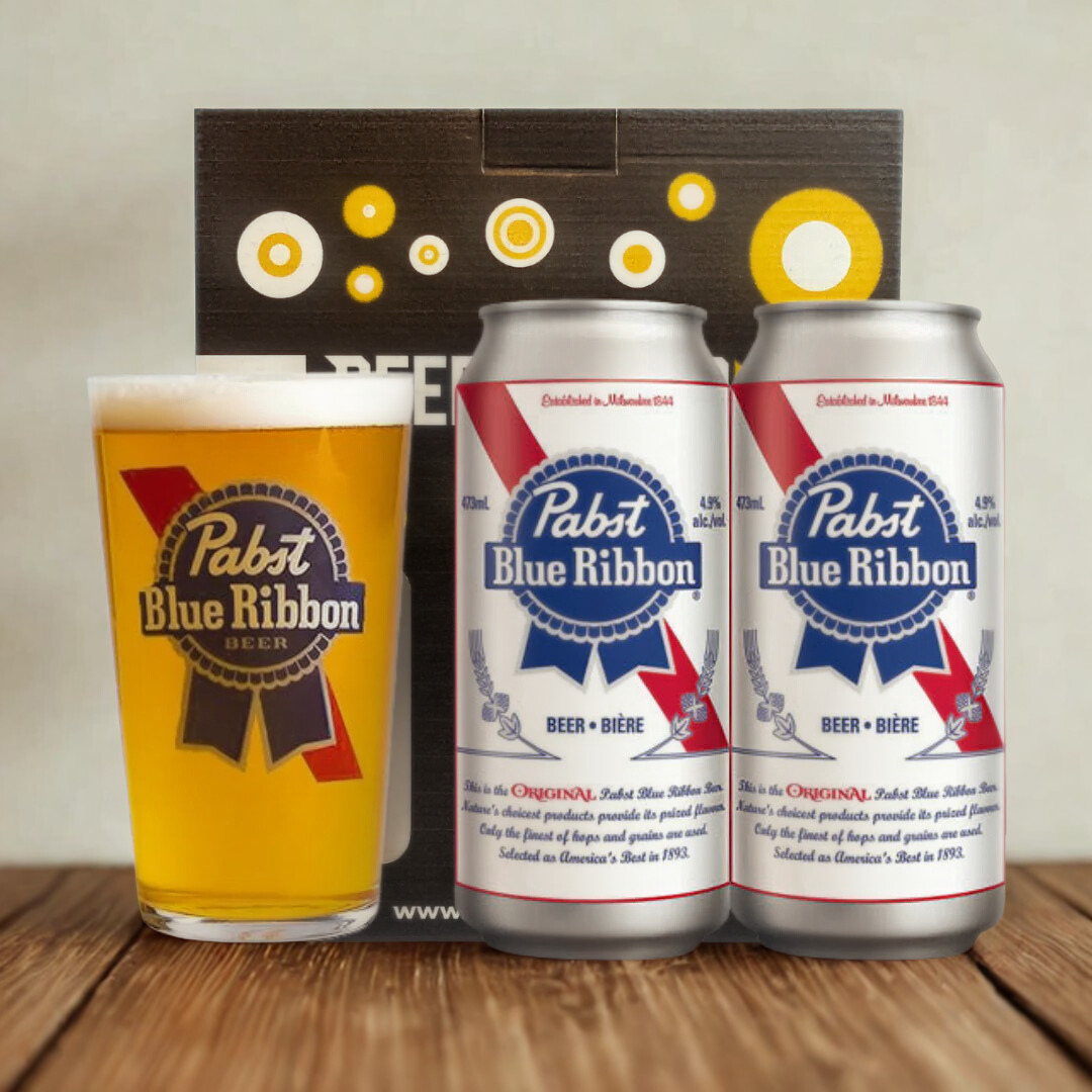 Pabst Blue Ribbon American Pale Lager Gift Set with PBR Glass - 2 Pack (4.7% ABV)