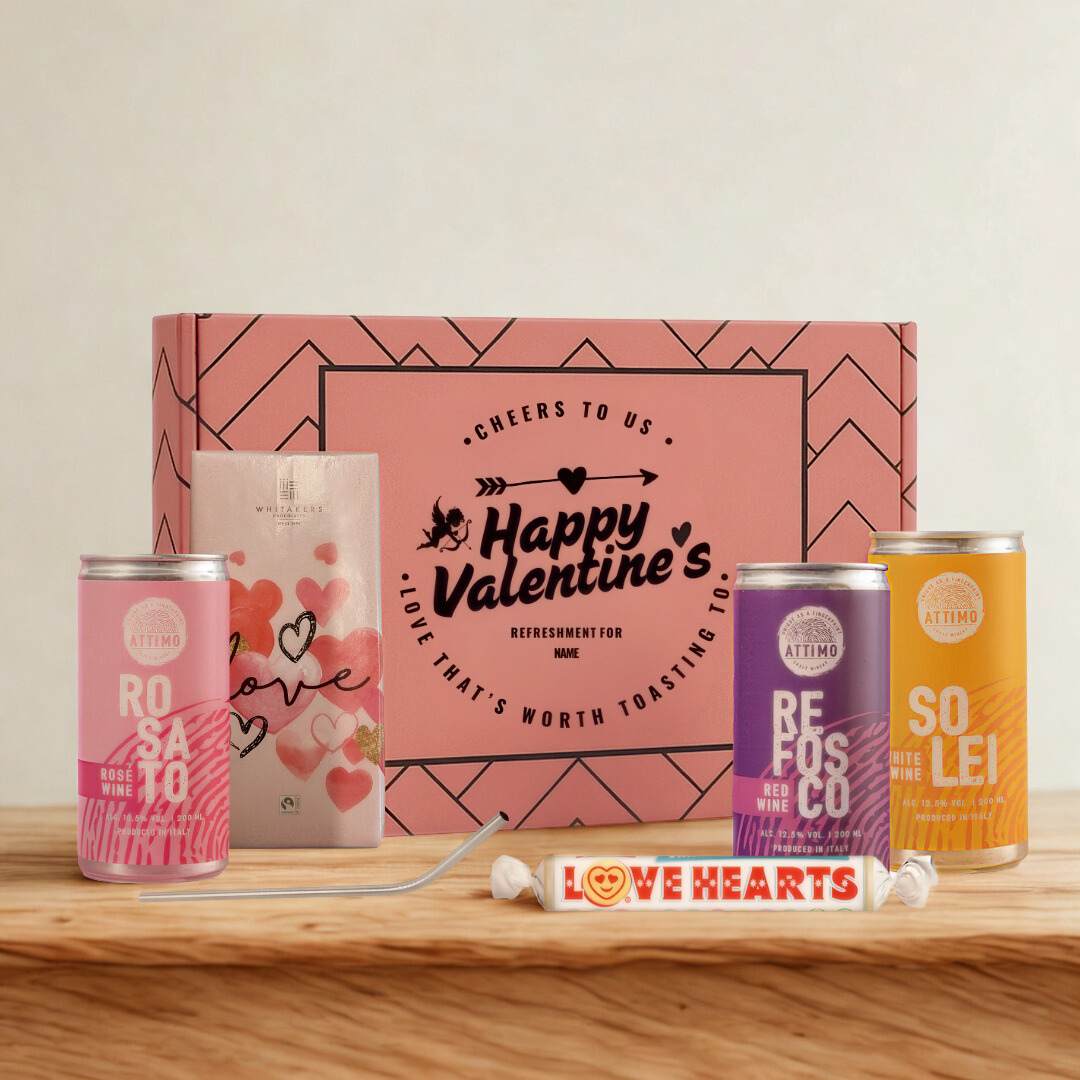 Personalised Happy Valentine’s Attimo Wine Gift Set with Chocolate, Love Hearts &amp; Metal Straw (3 x 200ml)