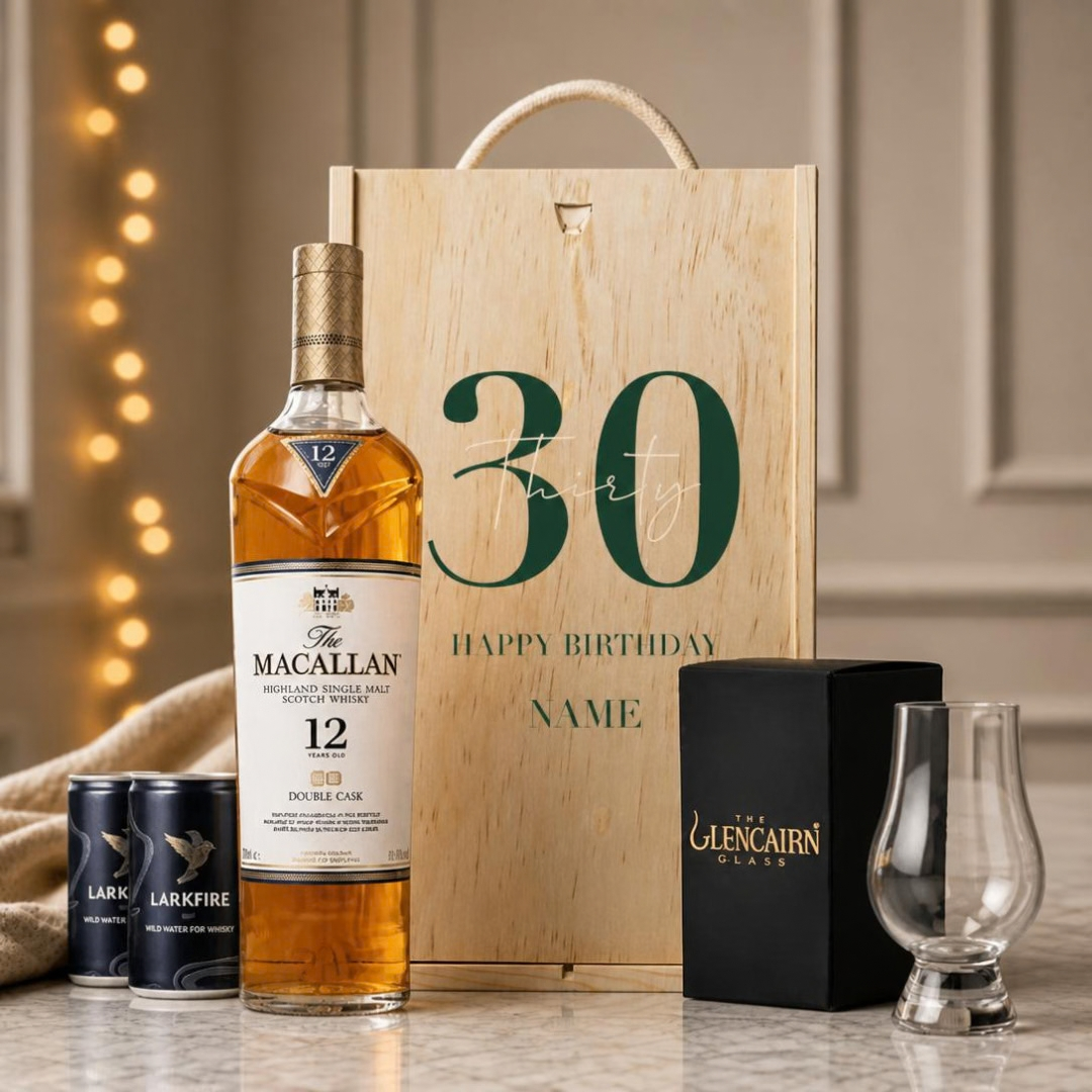 Personalised Macallan 12 Year Double Cask Scotch Whisky Happy Birthday Gift Set with Glencairn Glass & Larkfire Whisky Water