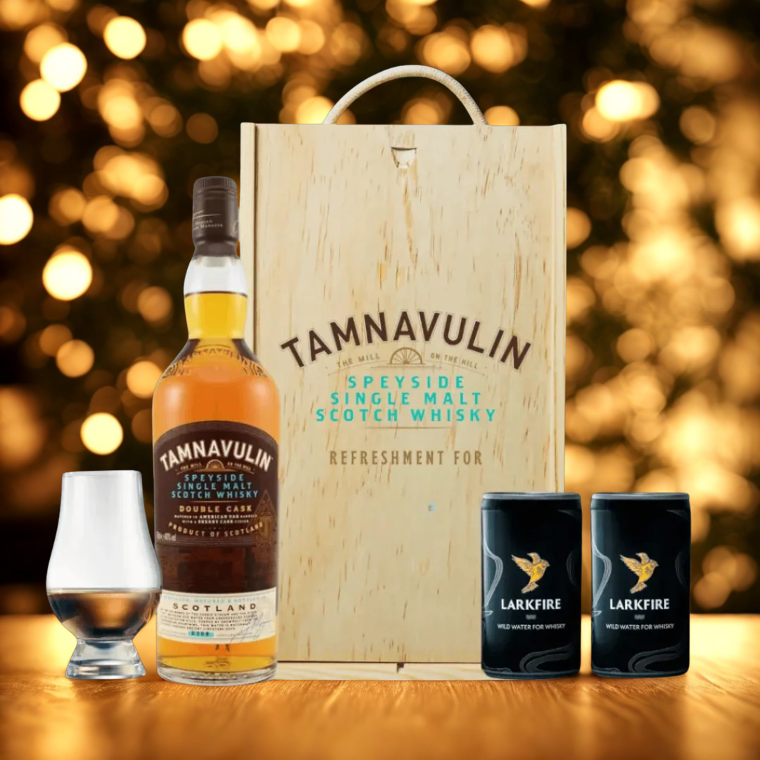 Personalised 70cl Tamnavulin Single Malt Whiskey in Wooden Box With Glencairn Glass and 2 Larkfire Water (40% ABV)