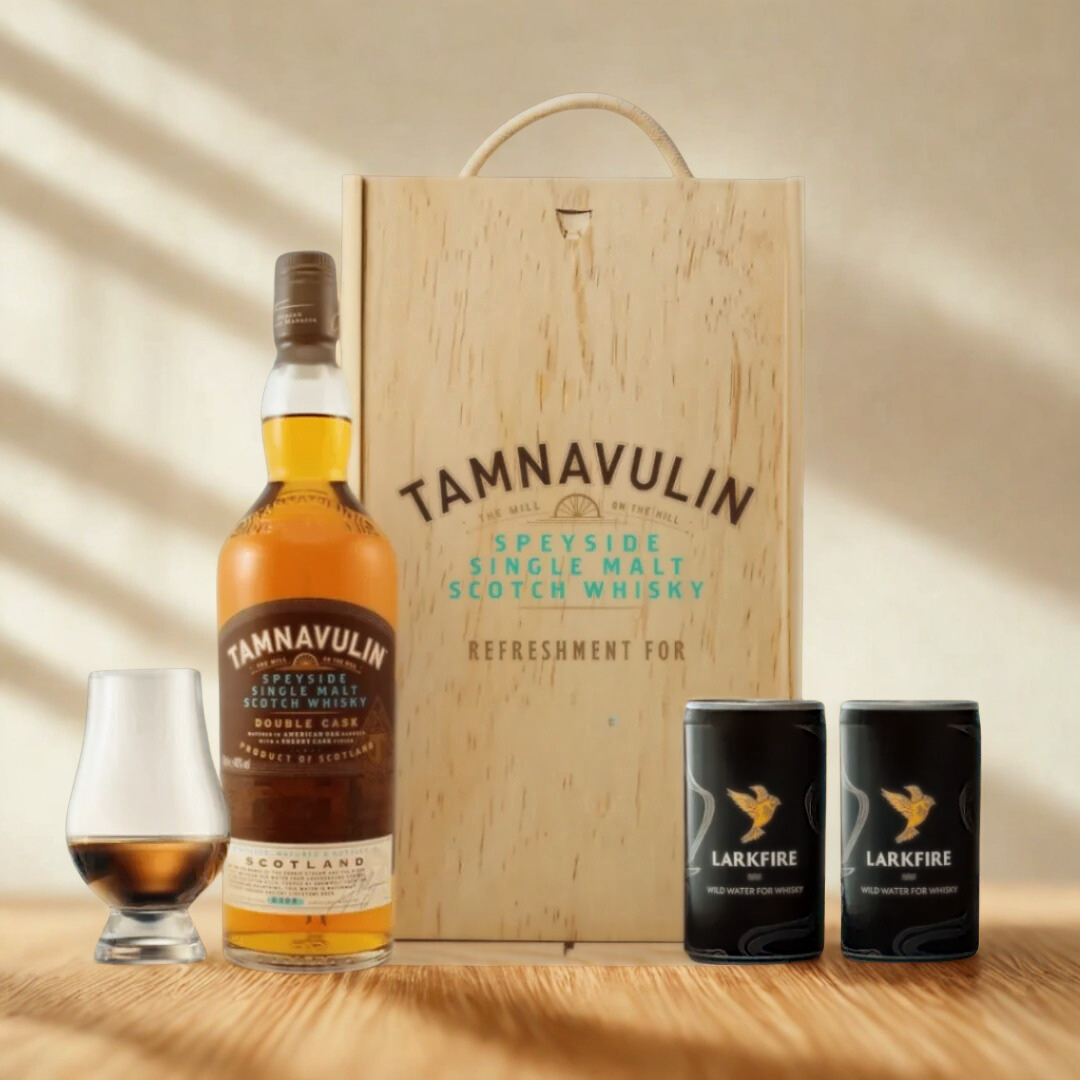 Personalised 70cl Tamnavulin Single Malt Whiskey in Wooden Box With Glencairn Glass and 2 Larkfire Water (40% ABV)
