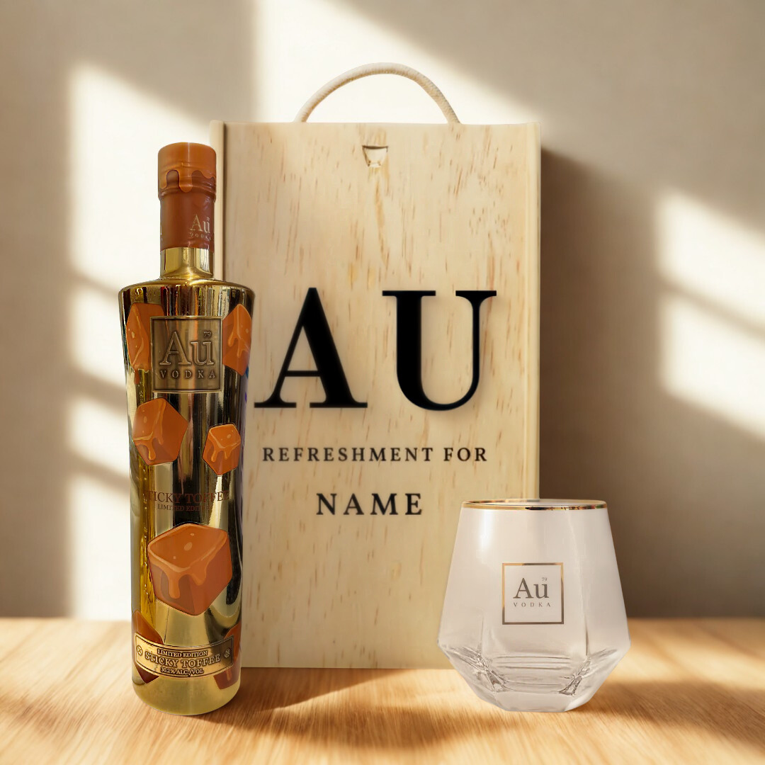 Personalised AU Sticky Toffee Limited Edition Vodka Gift Set with AU Diamond Cut Glass – 30.2% ABV (70cl)