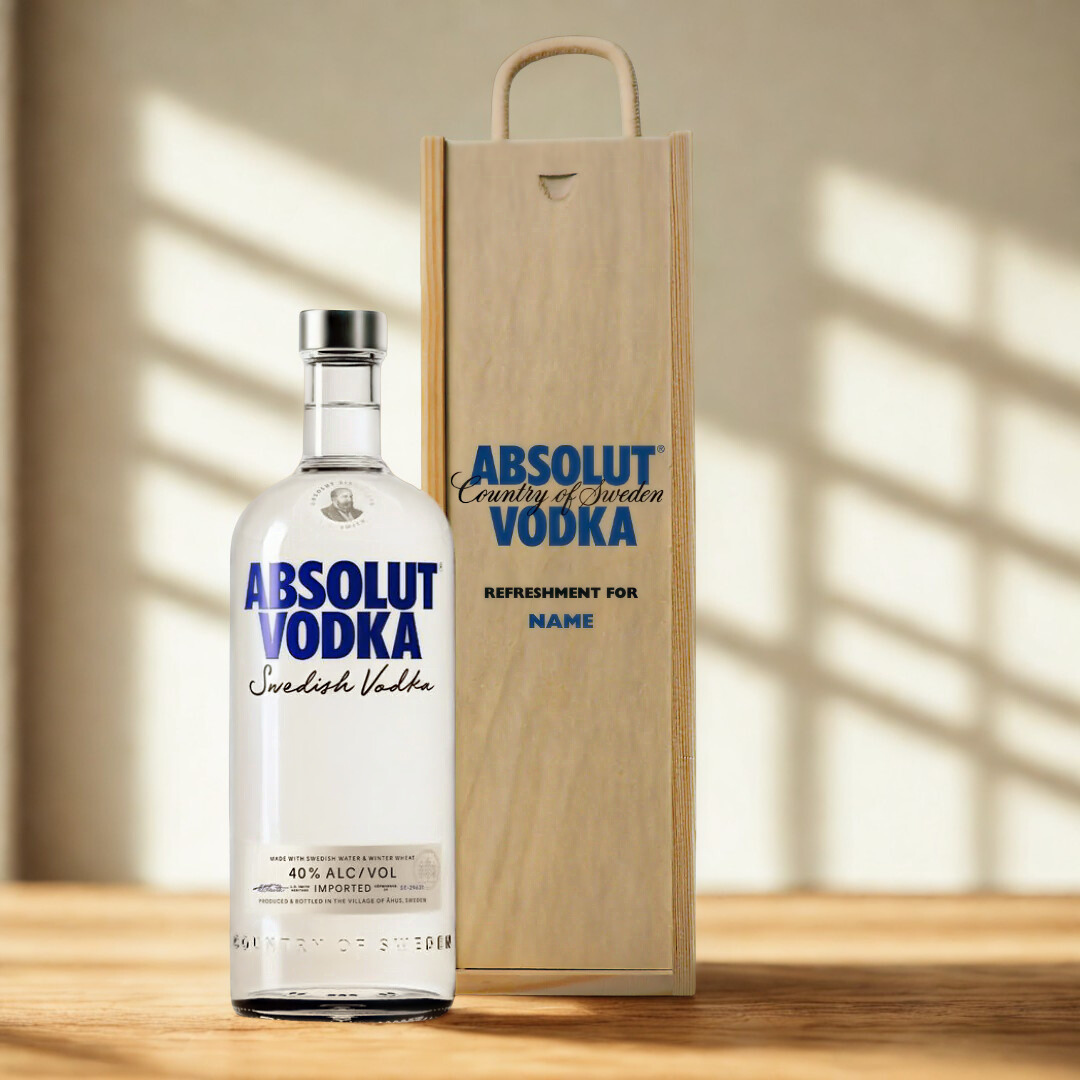 Personalised Absolut Vodka Gift Set in Wooden Box - 40% ABV (70cl)