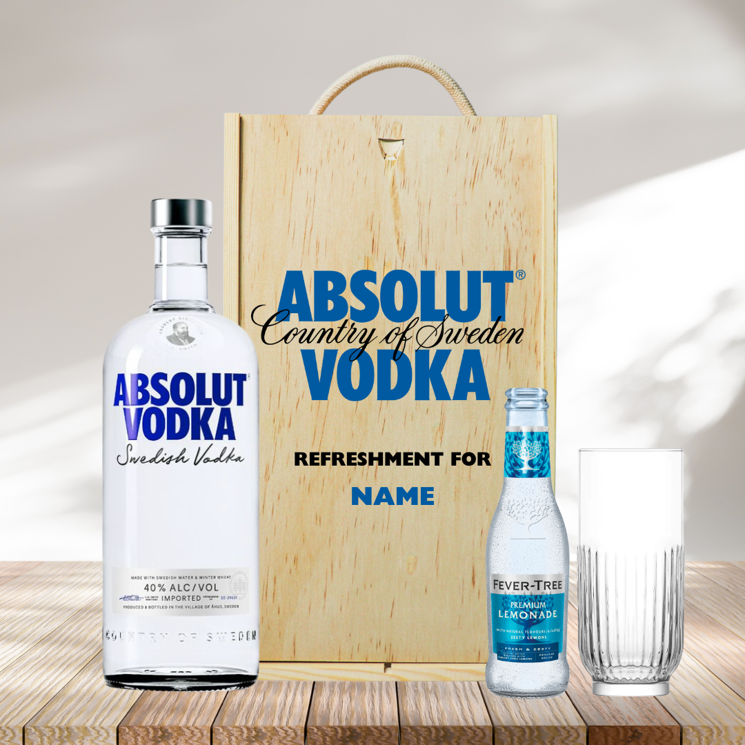 Personalised Absolut Vodka With Fever Tree Lemonade And Glass &amp; Gift Set in Wooden Box - 40% ABV (70cl) - BEERHUNTER