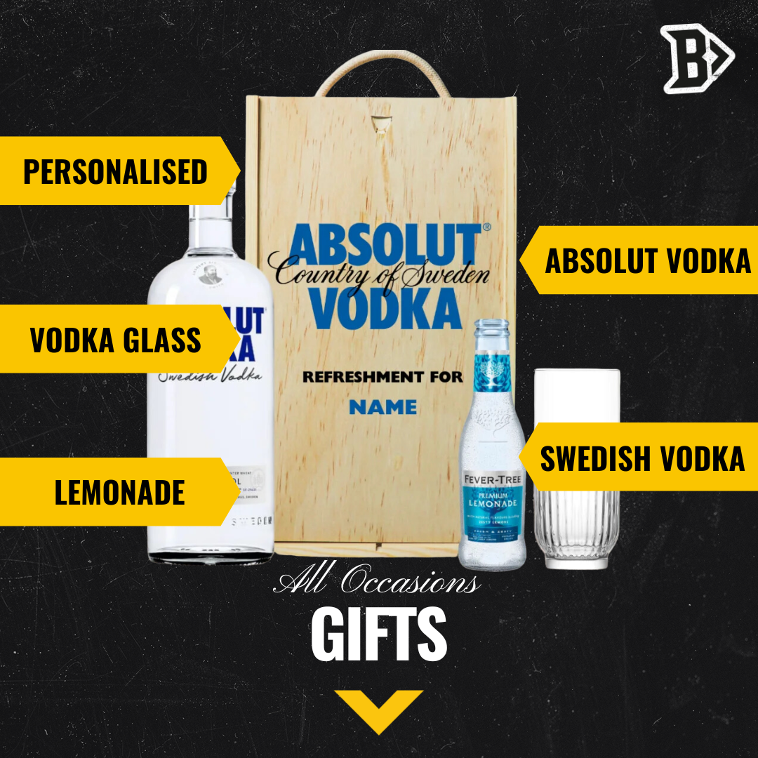 Personalised Absolut Vodka With Fever Tree Lemonade And Glass &amp; Gift Set in Wooden Box - 40% ABV (70cl) - BEERHUNTER