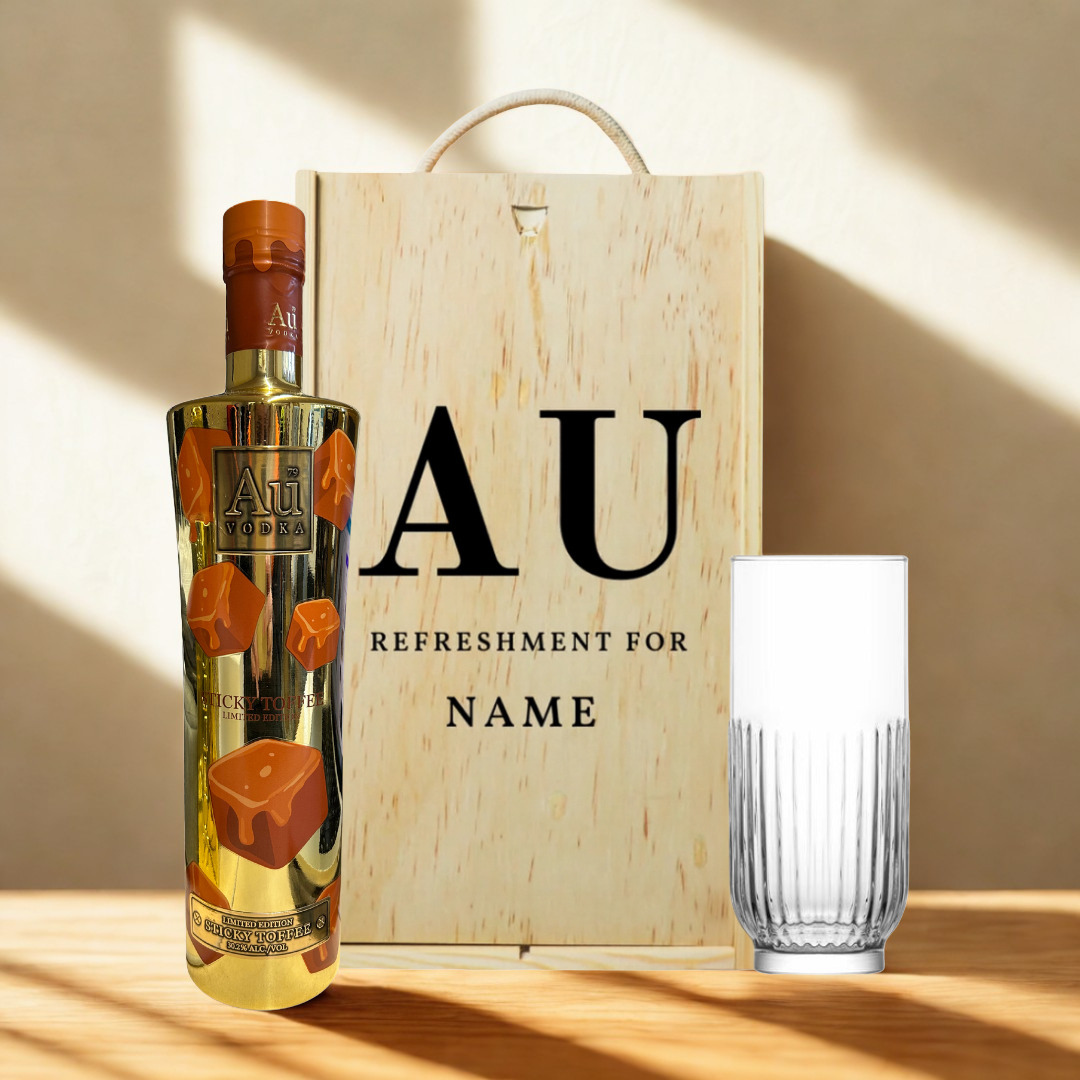 Personalised AU Sticky Toffee Limited Edition Vodka Gift Set with Vodka Glass – 30.2% ABV (70cl)