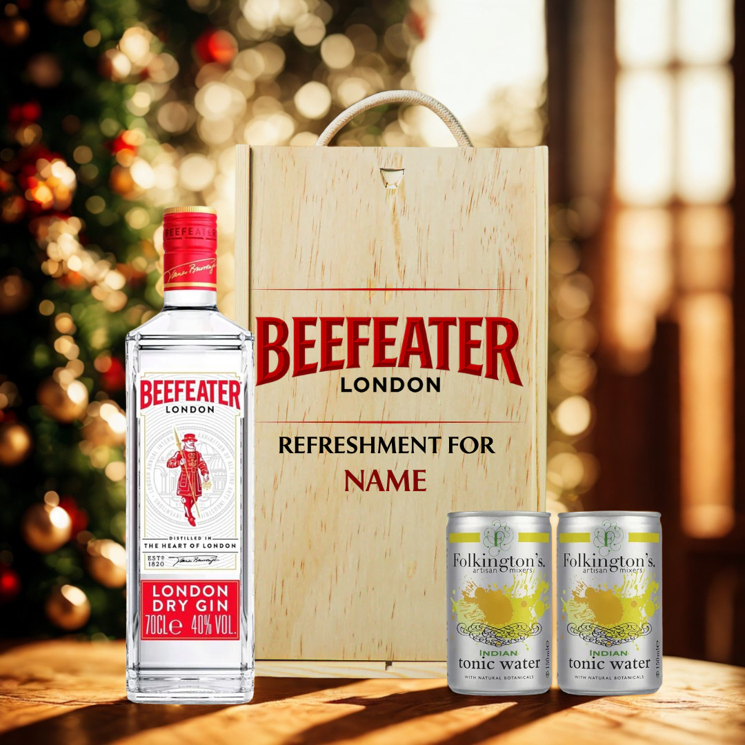 Personalised Beefeater London Dry Gin &amp; Folkington's Tonic Gift Set in Wooden Box – 70cl