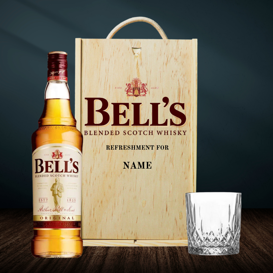 Personalised Bells Blended Scotch Whisky Gift Set In Wooden Box With Glass - 40% ABV (70cl) - BEERHUNTER