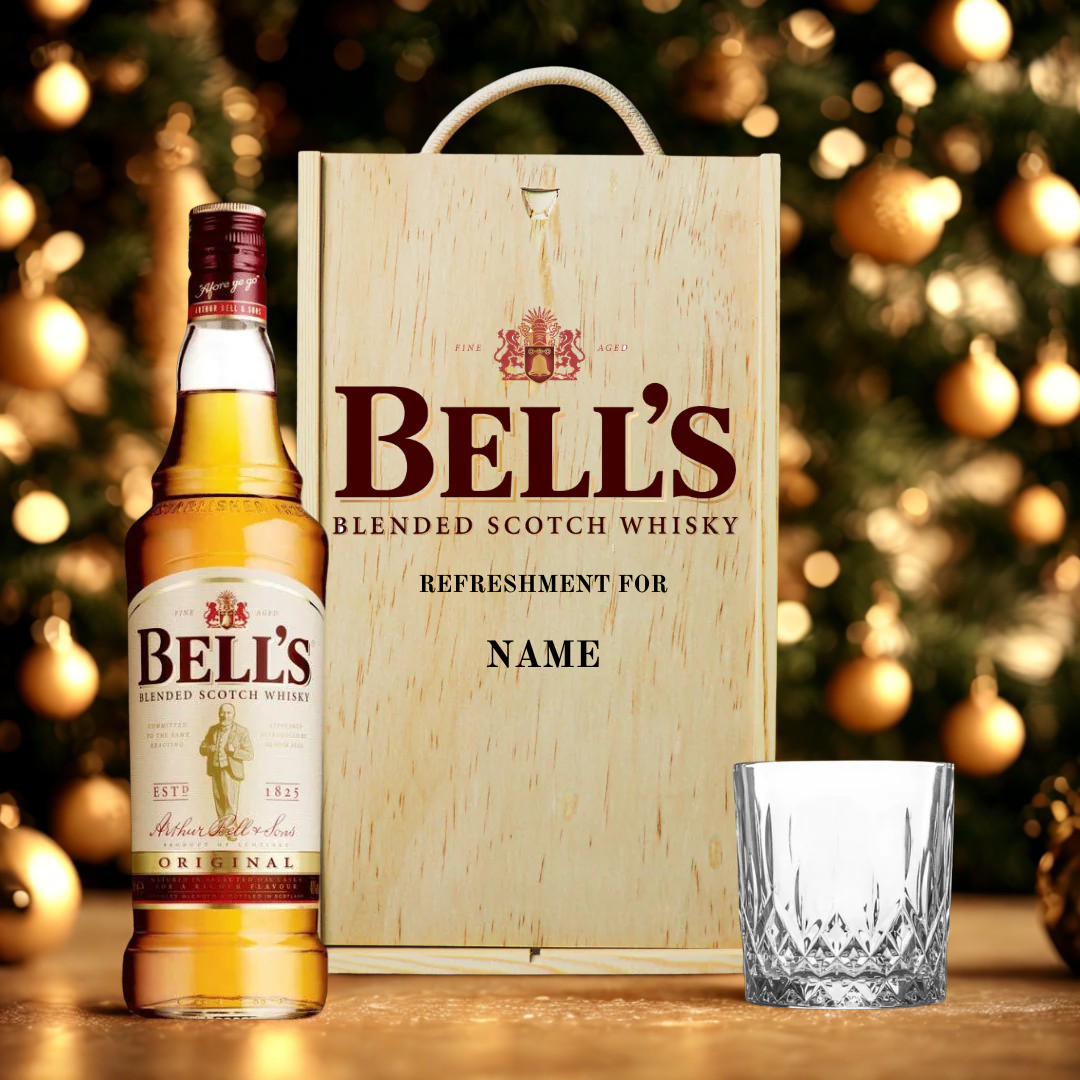 Personalised Bells Blended Scotch Whisky Gift Set In Wooden Box With Glass - 40% ABV (70cl)