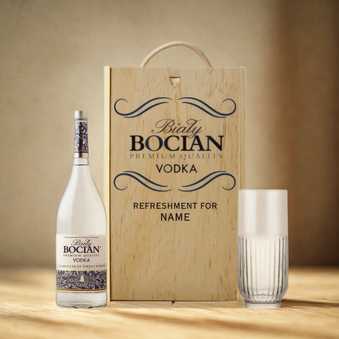 Personalised Bocian Vodka Gift Set with Glass &amp; Wooden Box – 70cl