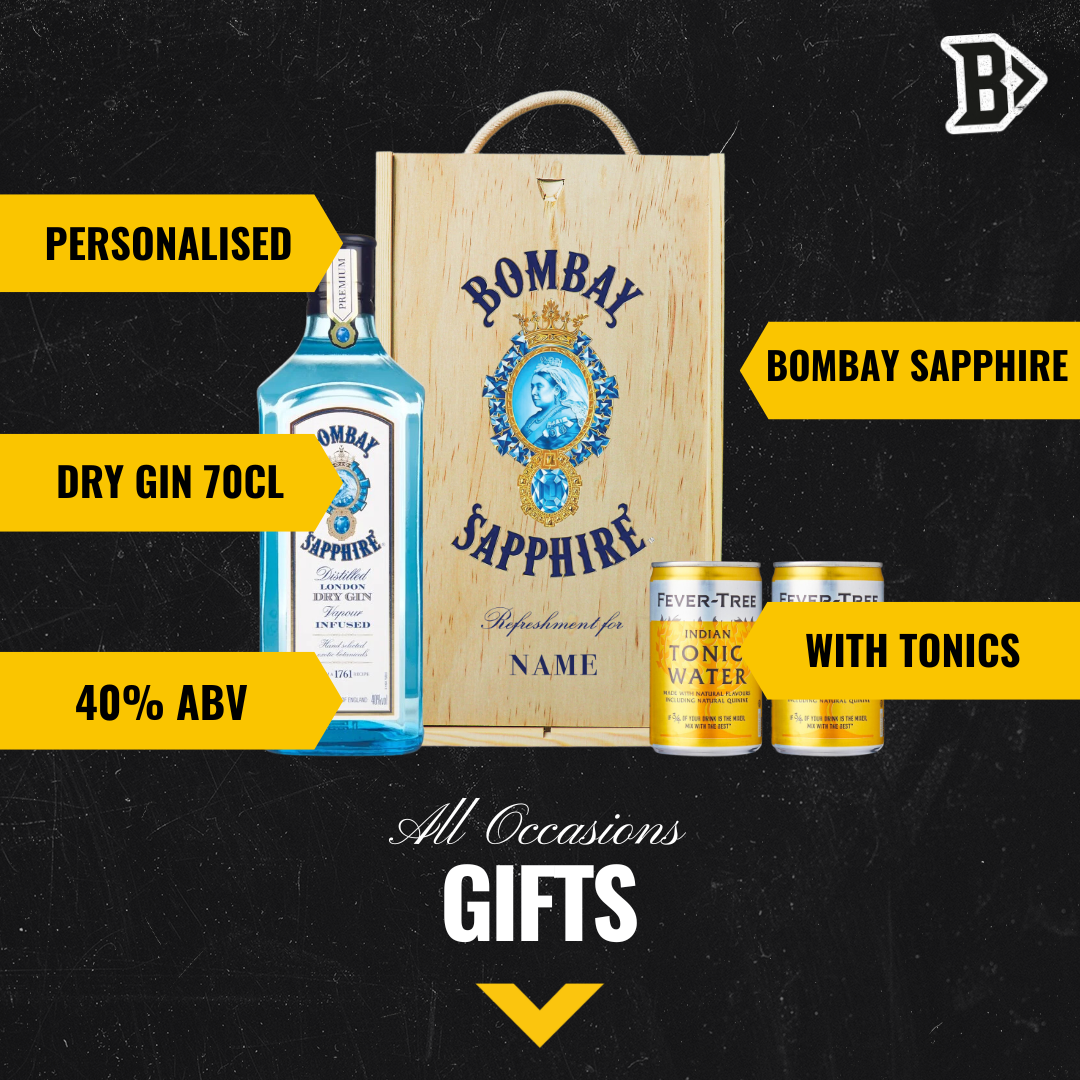 Personalised Bombay Sapphire Gin London Dry Gift Set with Fever Tree Tonics - 70cl (40% ABV) - BEERHUNTER