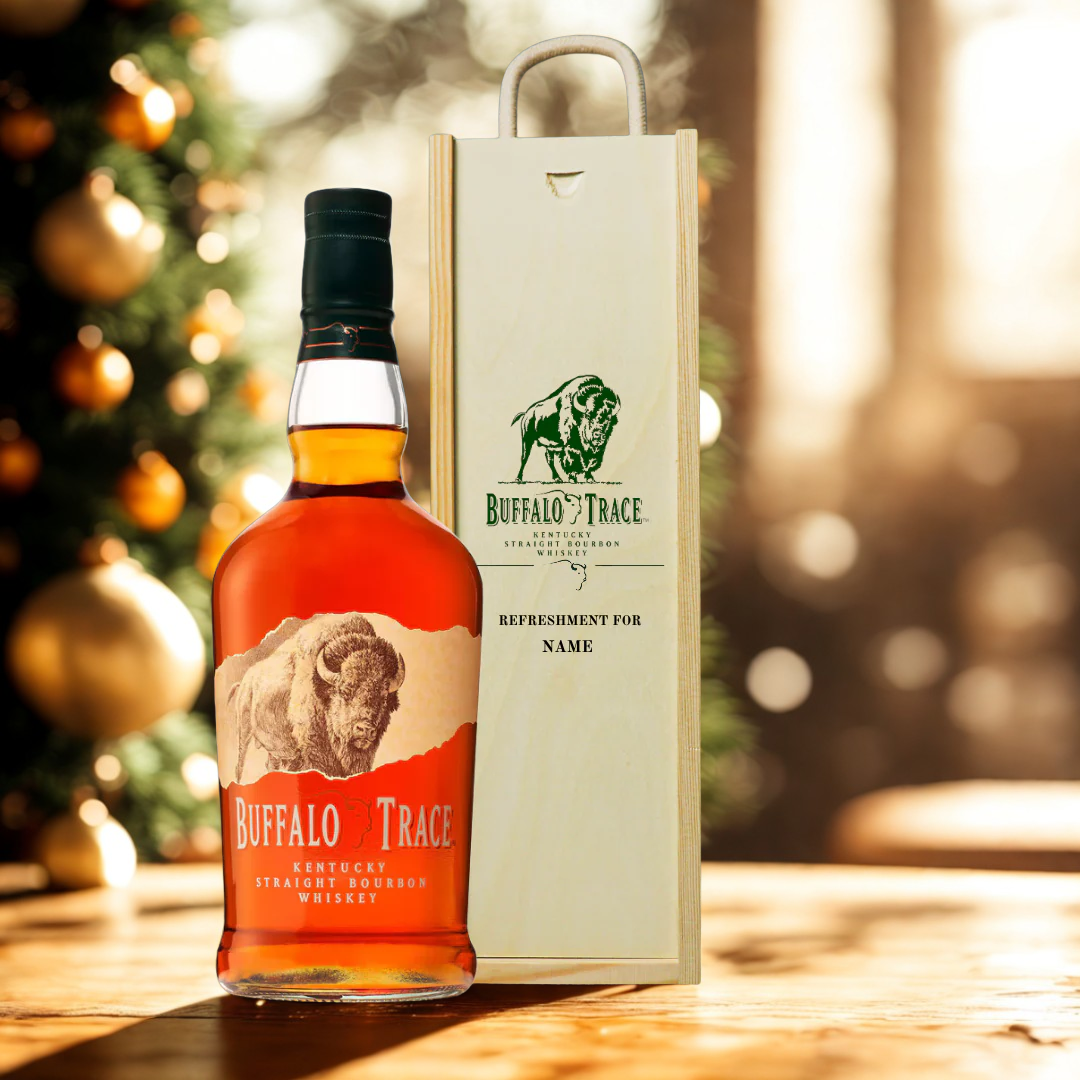 Personalised Buffalo Trace Straight Bourbon Whisky Gift Set In Wooden Box - 40% ABV (70cl)