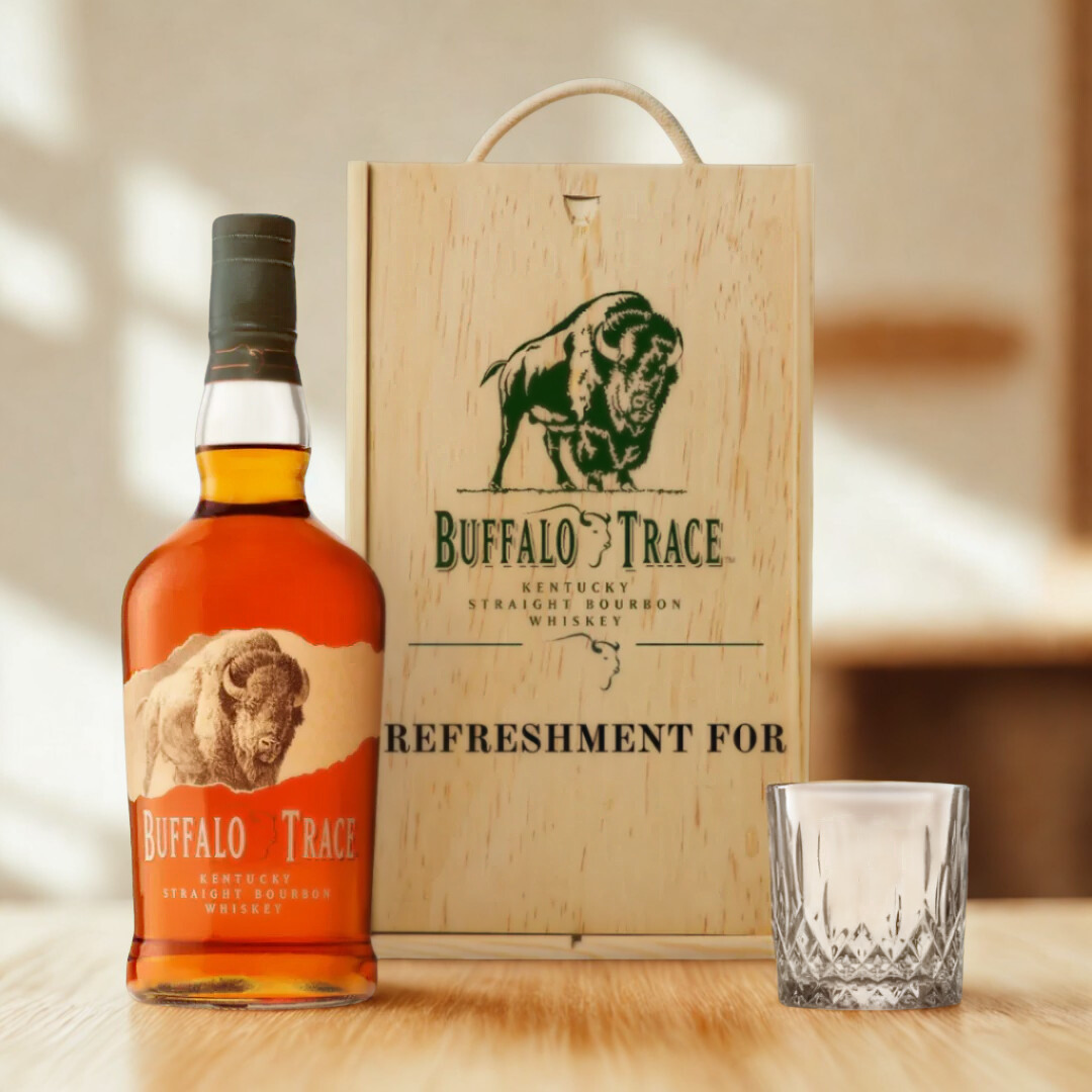 Personalised Buffalo Trace Straight Bourbon Whisky Gift Set In Wooden Box - 40% ABV (70cl)