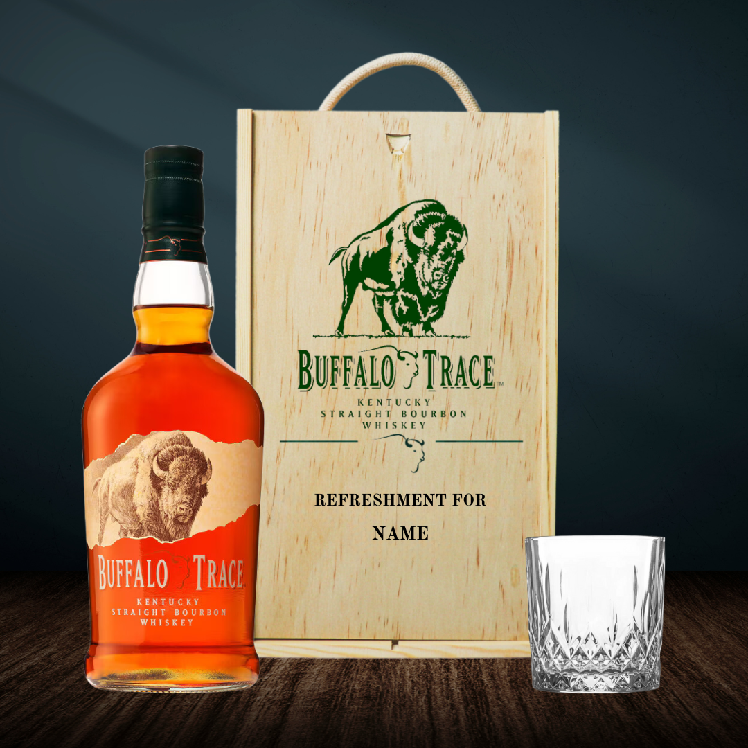 Personalised Buffalo Trace Straight Bourbon Whisky Gift Set With Wooden Box and Glass - 40% ABV (70cl) - BEERHUNTER