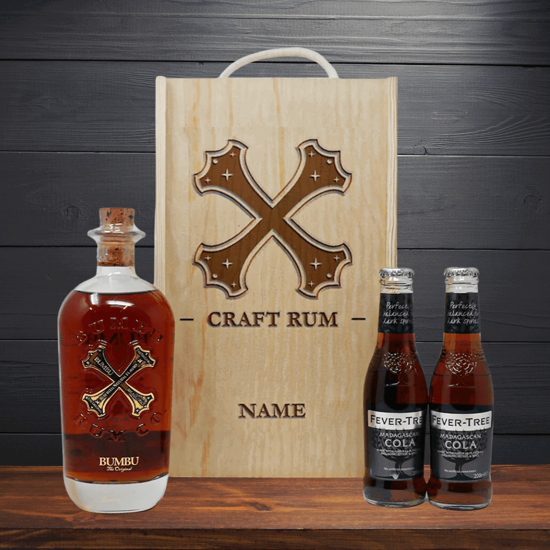 Personalised Bumbu Caribbean Rum &amp; Cola Gift Set in Wooden Presentation Box - 70cl - BEERHUNTER