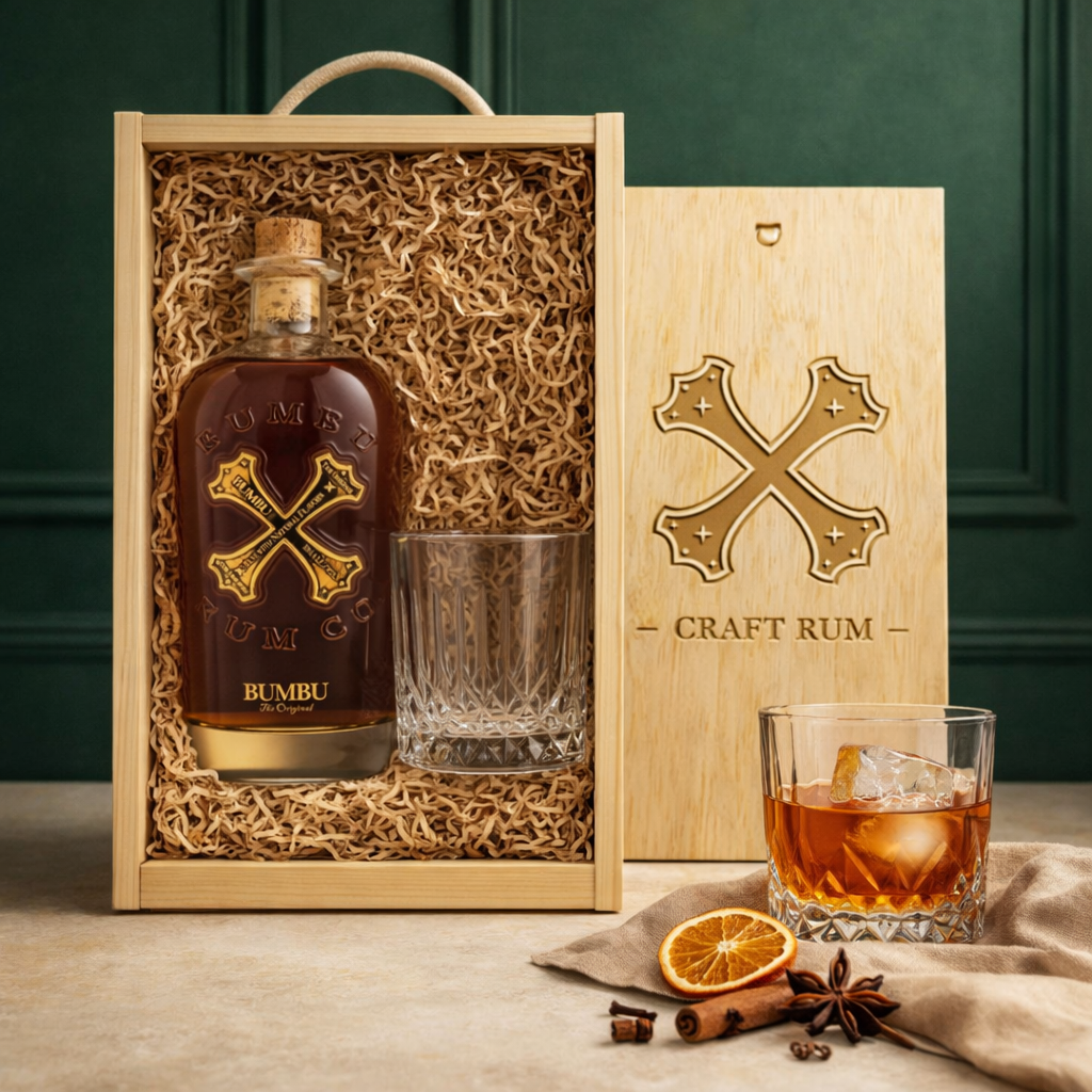 Personalised Bumbu Caribbean Rum &amp; Glass Gift Set in Wooden Presentation Box - 70cl