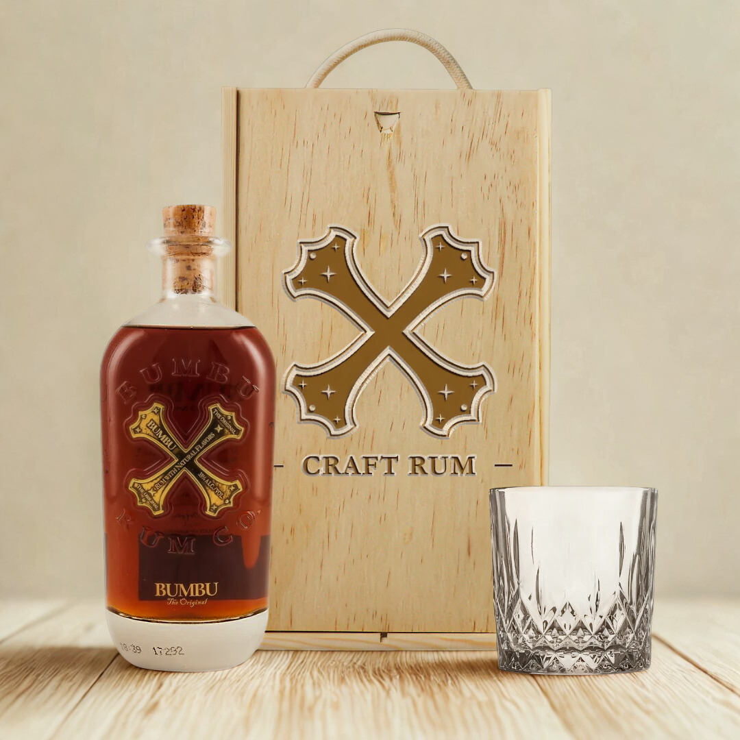 Personalised Bumbu Caribbean Rum &amp; Glass Gift Set in Wooden Presentation Box - 70cl