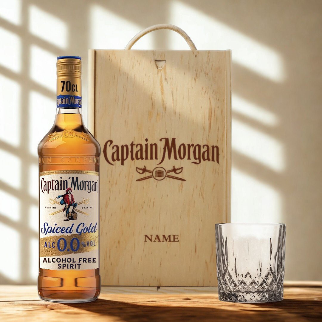 Personalised Captain Morgan 0.0 Alcohol-Free Spiced Rum &amp; Rum glass Gift Set In Wooden Box – 0.0% ABV (70cl)