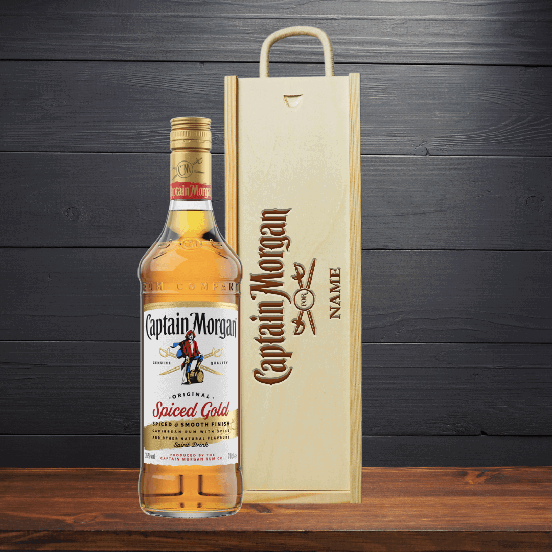 Personalised Captain Morgan Spiced Rum Gift Set in a Wooden Box (70cl) - BEERHUNTER