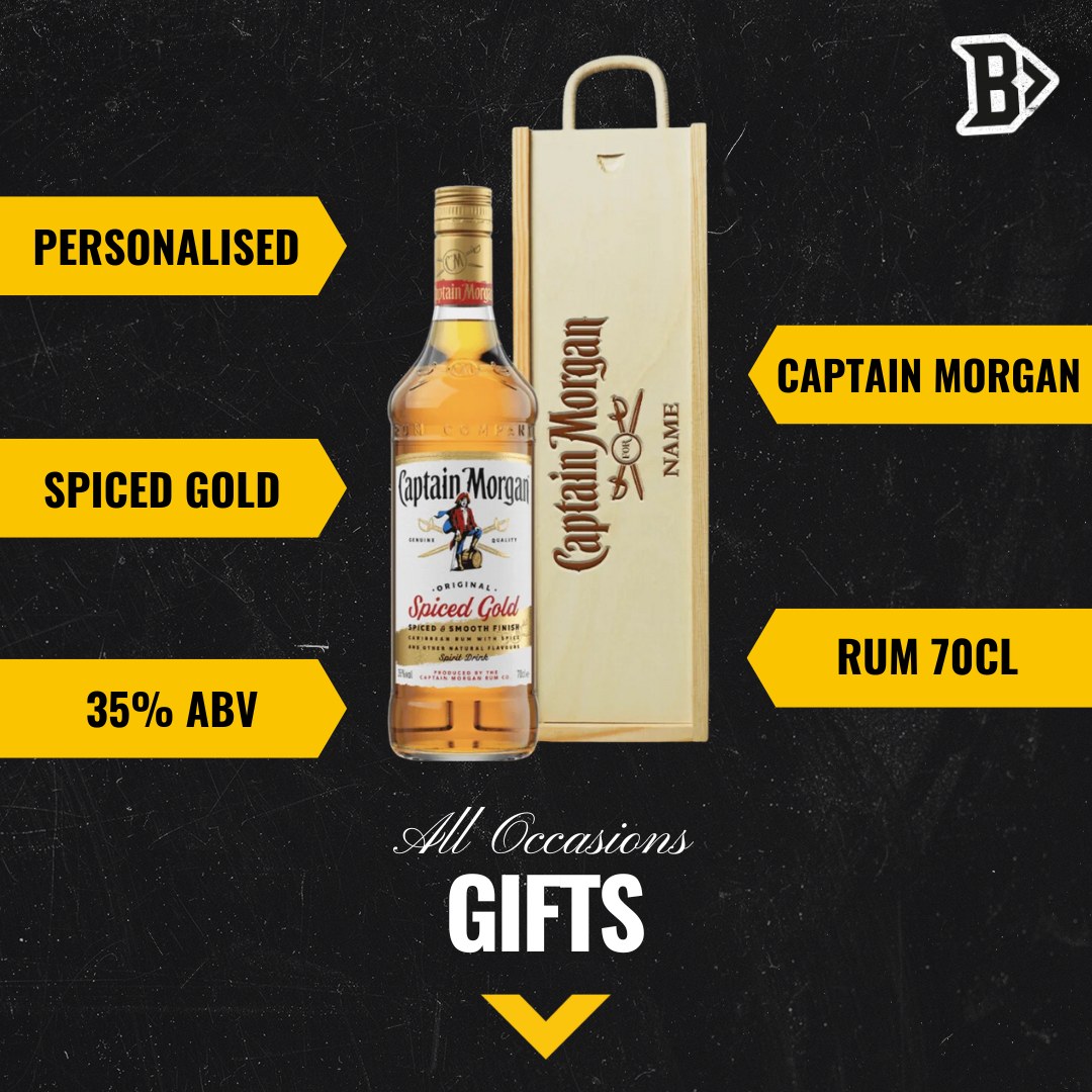 Personalised Captain Morgan Spiced Rum Gift Set in a Wooden Box (70cl) - BEERHUNTER