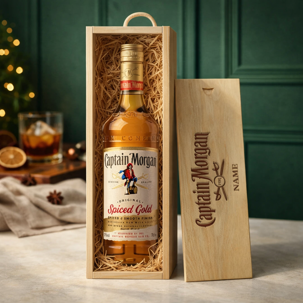 Personalised Captain Morgan Spiced Rum Gift Set in a Wooden Box (70cl)