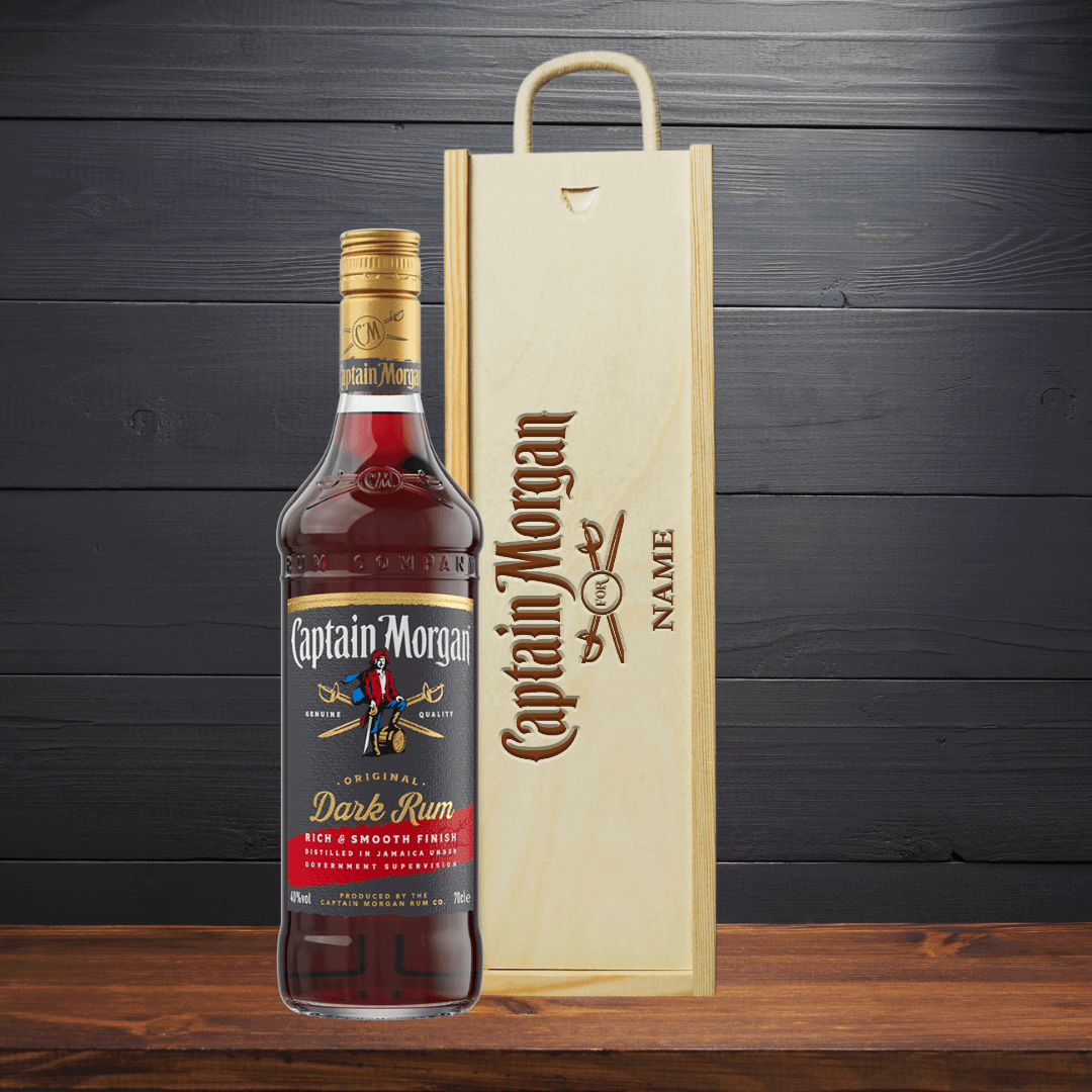 Personalised Captain Morgans Dark Rum Gift Set in Wooden Box - 70cl - BEERHUNTER