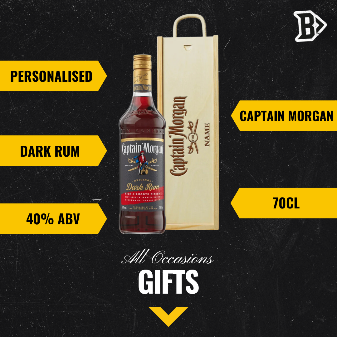 Personalised Captain Morgans Dark Rum Gift Set in Wooden Box - 70cl - BEERHUNTER