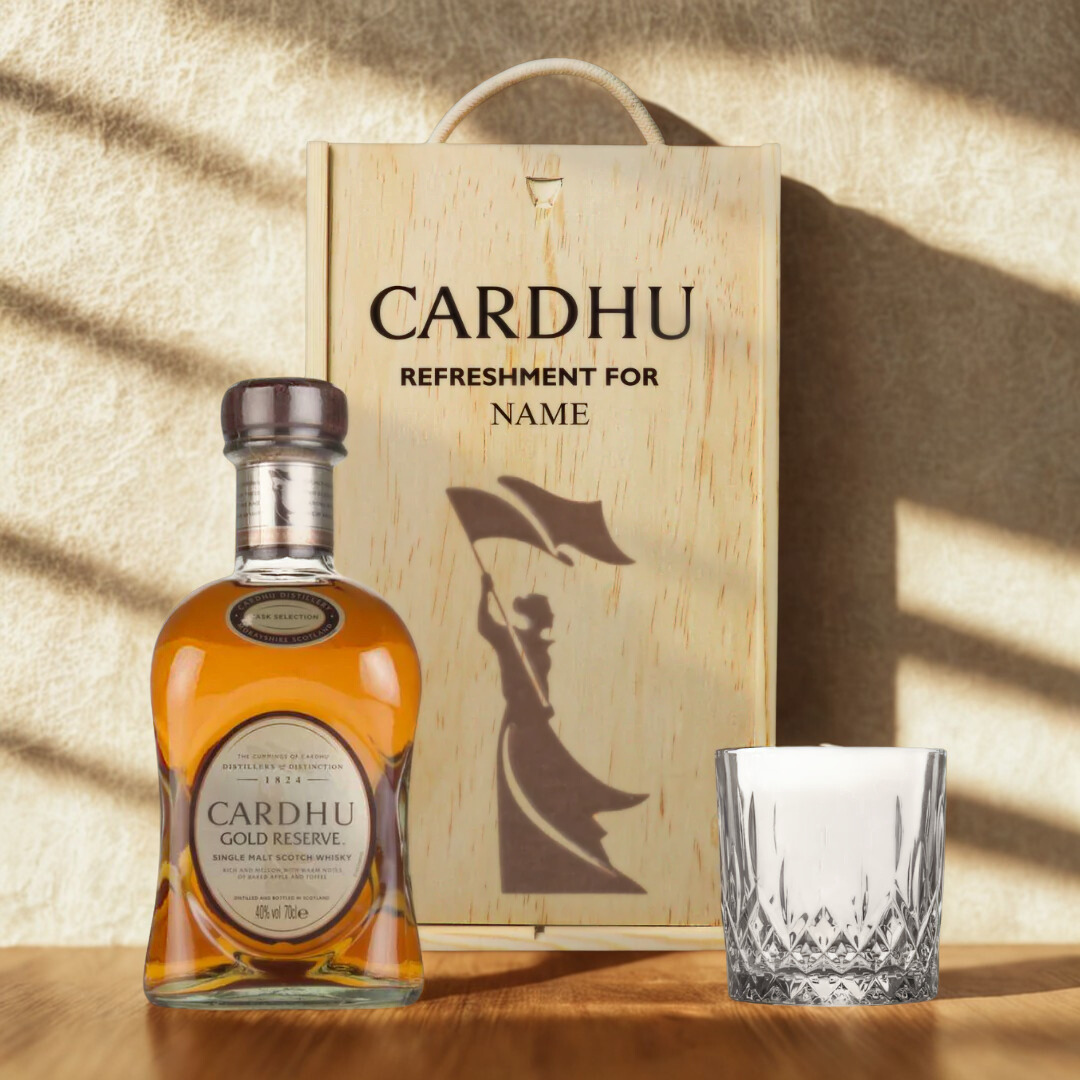 Personalised Cardhu Gold Reserve Single Malt Scotch Whisky Gift Set in a Wooden Box - 70cl (40% ABV)
